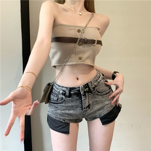 Real shot!  Hot girl sexy jeans wide leg pants high waist hip-covering shorts slimming hot pants