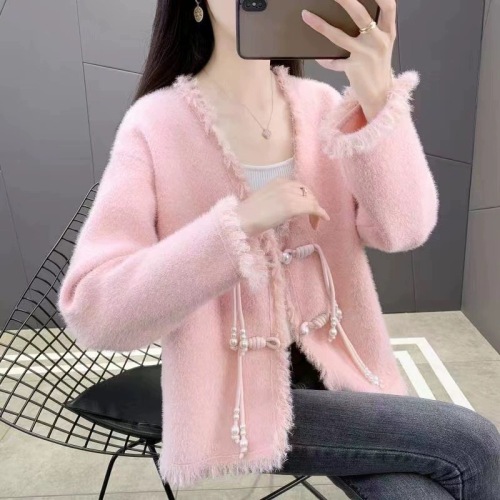 Designed small fragrance style sweater jacket for women in autumn and winter imitation mink velvet fringed high-end knitted cardigan loose top