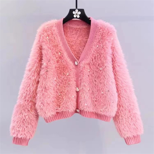 2024 autumn imitation mink velvet cardigan jacket for women in autumn and winter V-neck short style with loose beaded knitted sweater