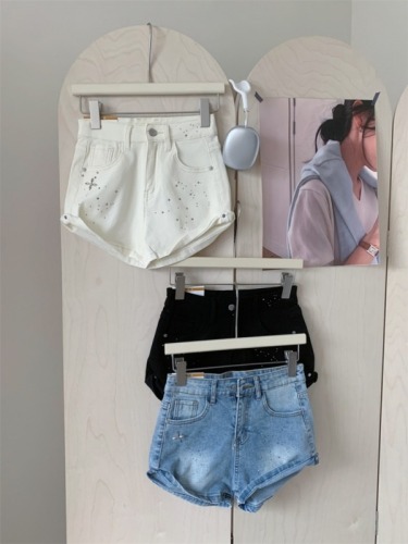 Small 145 Korean style curled denim shorts 150cm tall and slim high-waisted wide-leg hot pants a-line pants xs summer