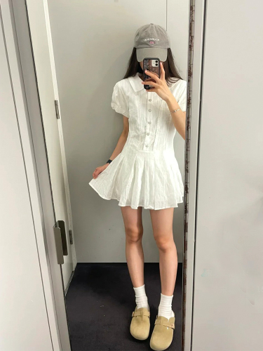 2024 New College Style Lapel White Dress Women's A-Line Skirt Summer Sweet Slim Skirt