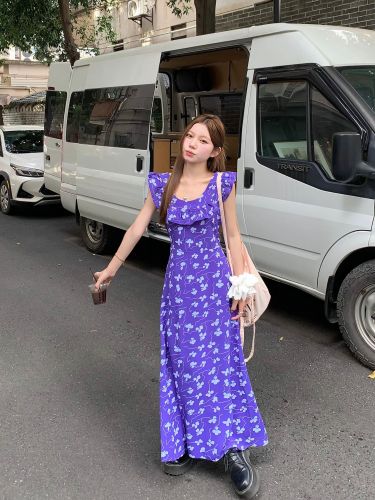 Actual shot 2024~French retro u-neck sleeveless purple floral dress with waist slimming strap long skirt