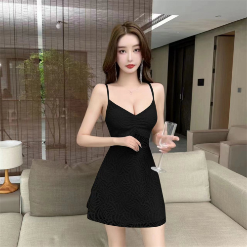 Real shot of lace suspender skirt, sexy low-cut V-neck skirt, waist slimming waist-revealing dress with ruffles for women