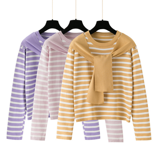 Real-life knitted top for women's thin summer Korean version new small fragrance style ice silk stripes tight long sleeve short style