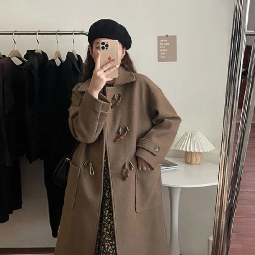 Horn Button Japanese Woolen Coat Women's 2024 Autumn and Winter New Woolen Coat Small Thickened Mid-Length Style