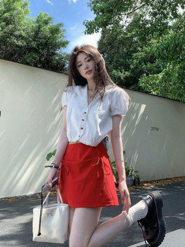 Actual shot ~ Sweet navy collar retro puff sleeve shirt for women + designer bow A-line satin skirt