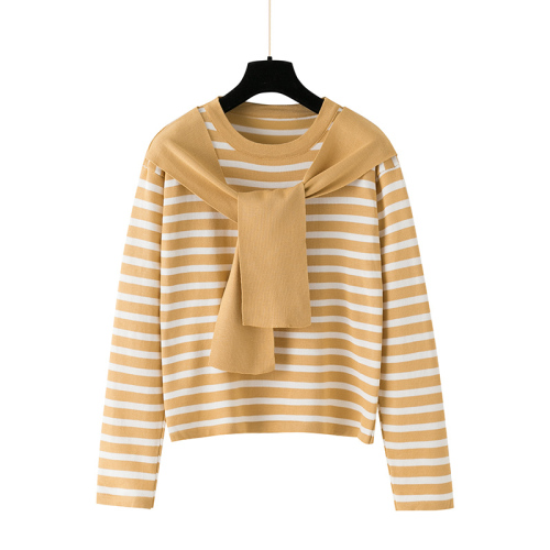 Real-life knitted top for women's thin summer Korean version new small fragrance style ice silk stripes tight long sleeve short style