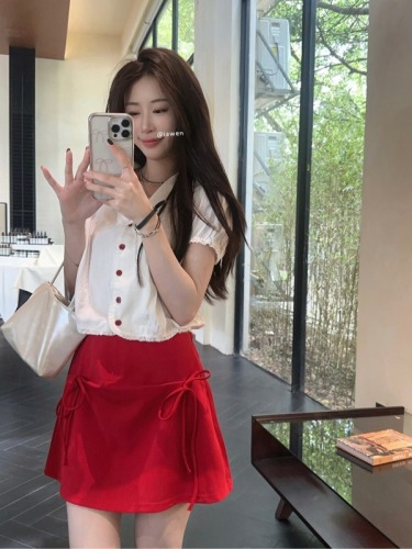 Actual shot ~ Sweet navy collar retro puff sleeve shirt for women + designer bow A-line satin skirt