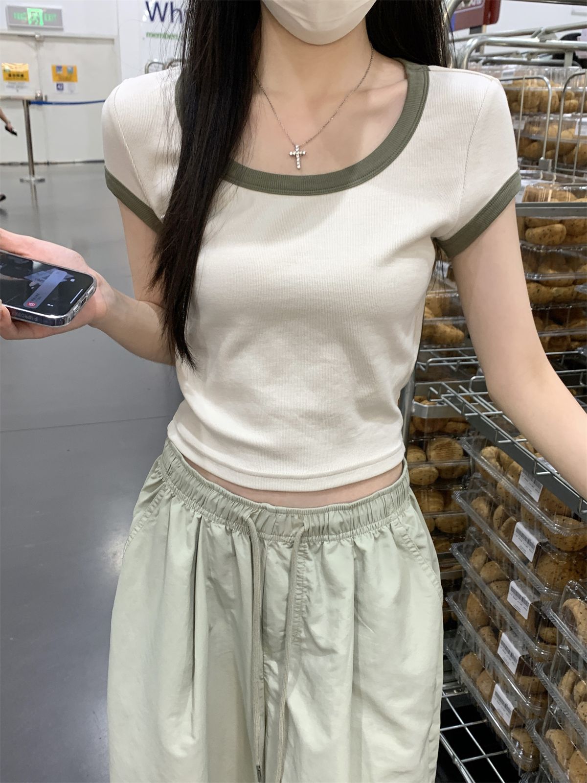實拍 夏季韓版正肩方領撞色氣質修身百搭短袖T恤上衣女