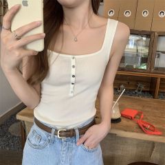 實拍 夏季韓版修身純欲方領紐扣百搭工字型無袖針織背心上衣