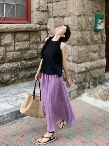 Actual shot of relaxed summer wear 2024 new sleeveless vest high waist skirt two-piece suit for women