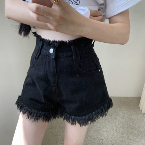 Versatile High Waisted Slim Casual Distressed Jeans Shorts Shaved Hem Women's Pants