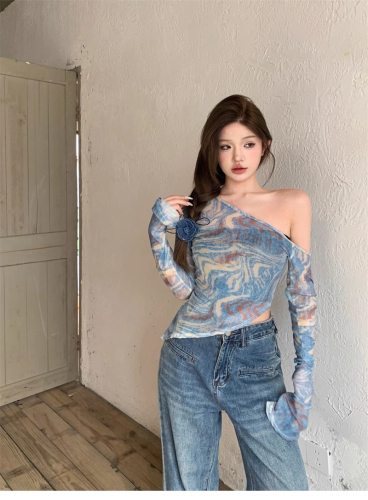 Official photo Sun protection off-shoulder long-sleeved T-shirt for women summer irregular hot girl mesh blouse tie-dye thin top