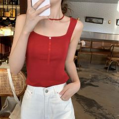 實拍 夏季韓版修身方領紐扣百搭工字型無袖內搭針織背心上衣