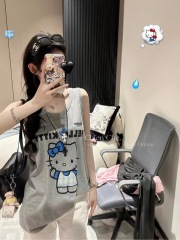 Korea Dongdaemun inner top 2024 new summer loose cute cartoon cat print sleeveless vest T-shirt for women
