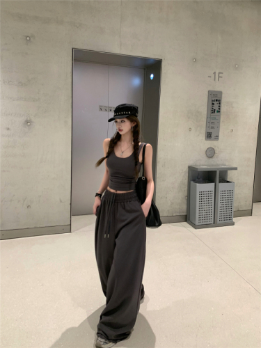 Real shot!  Cool casual suit women's slim camisole high waist drawstring sports wide leg pants two-piece set