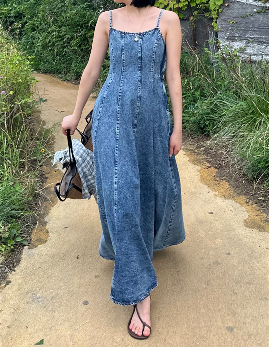 Strapless backless fashionable literary long denim dress