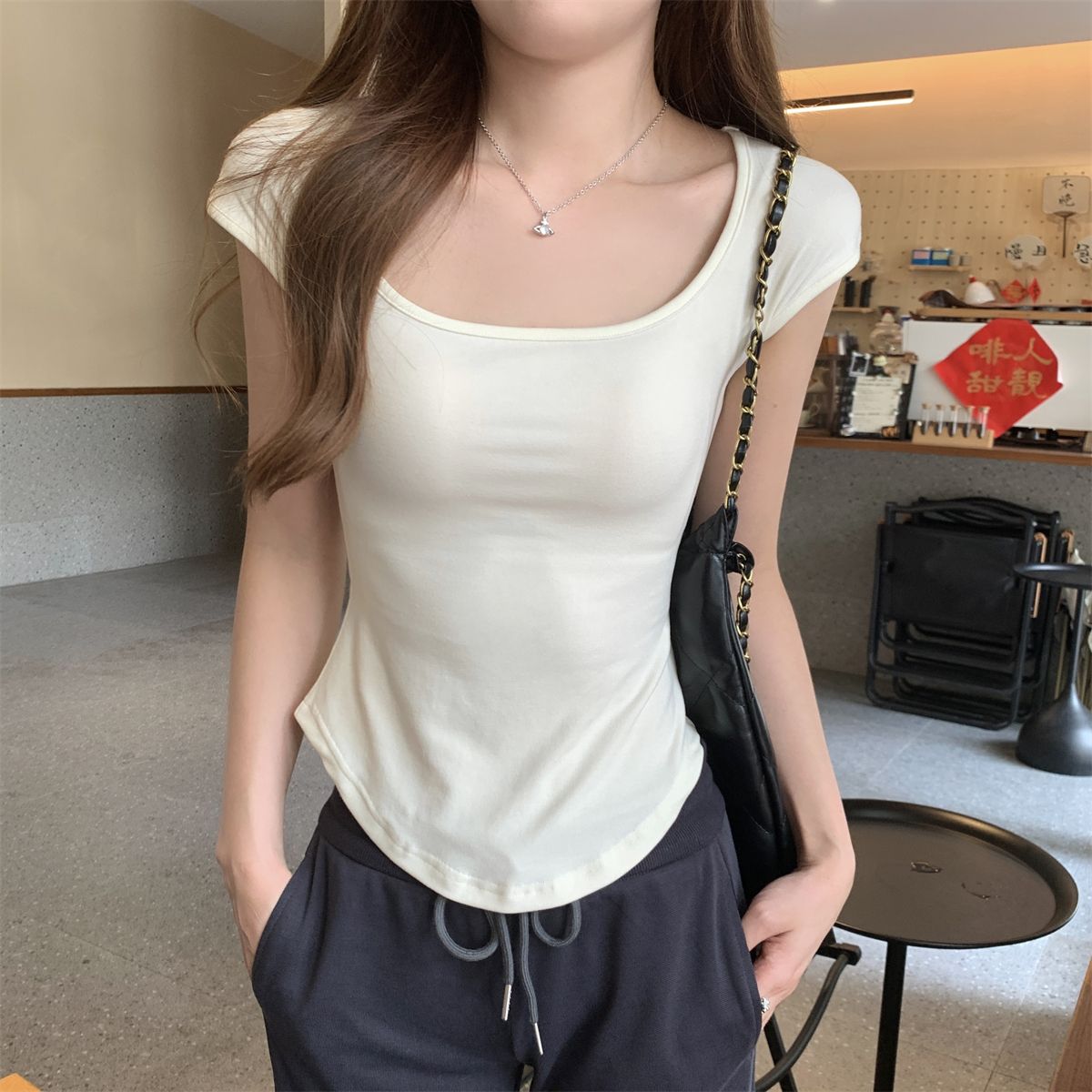 實拍 夏季韓版修身方領氣質簡約百搭莫代爾柔軟短袖T恤上衣