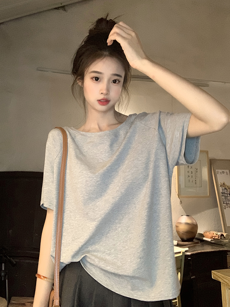 Shot~Design-inspired niche versatile basic solid-color crew neck short-sleeved T-shirt top for women summer dropped shoulder