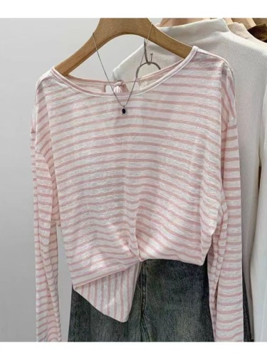 Korean style breathable thin striped long-sleeved T-shirt for women spring and summer 2024 new sun protection blouse design lace-up top