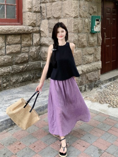 Actual shot of relaxed summer wear 2024 new sleeveless vest high waist skirt two-piece suit for women