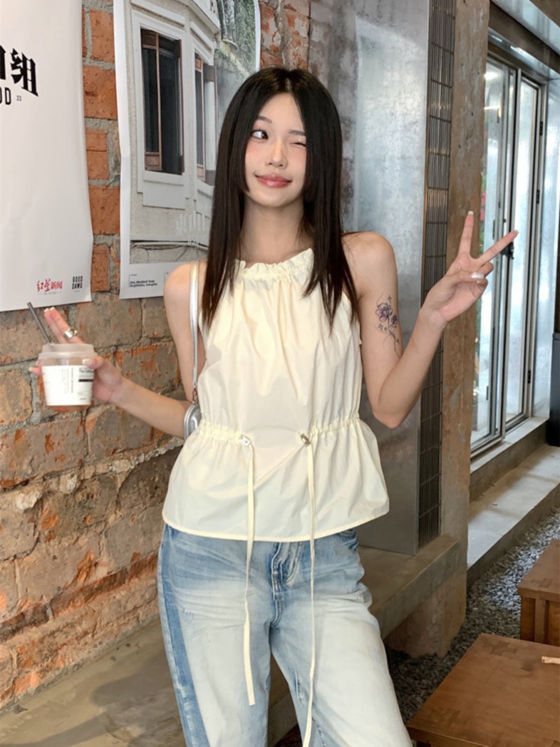 Halterneck drawstring sleeveless inner vest women's summer niche design loose outer top
