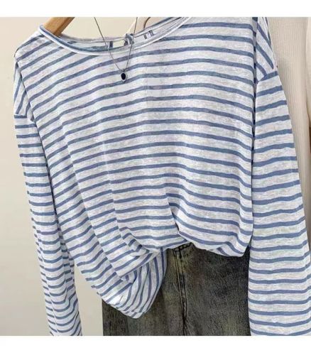 Korean style breathable thin striped long-sleeved T-shirt for women spring and summer 2024 new sun protection blouse design lace-up top