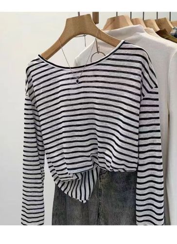 Korean style breathable thin striped long-sleeved T-shirt for women spring and summer 2024 new sun protection blouse design lace-up top