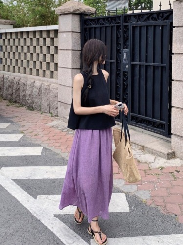 Actual shot of relaxed summer wear 2024 new sleeveless vest high waist skirt two-piece suit for women