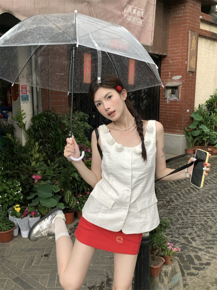 Real shot!  French lady style three-dimensional flower decoration slim vest vest sleeveless single breasted versatile top for women