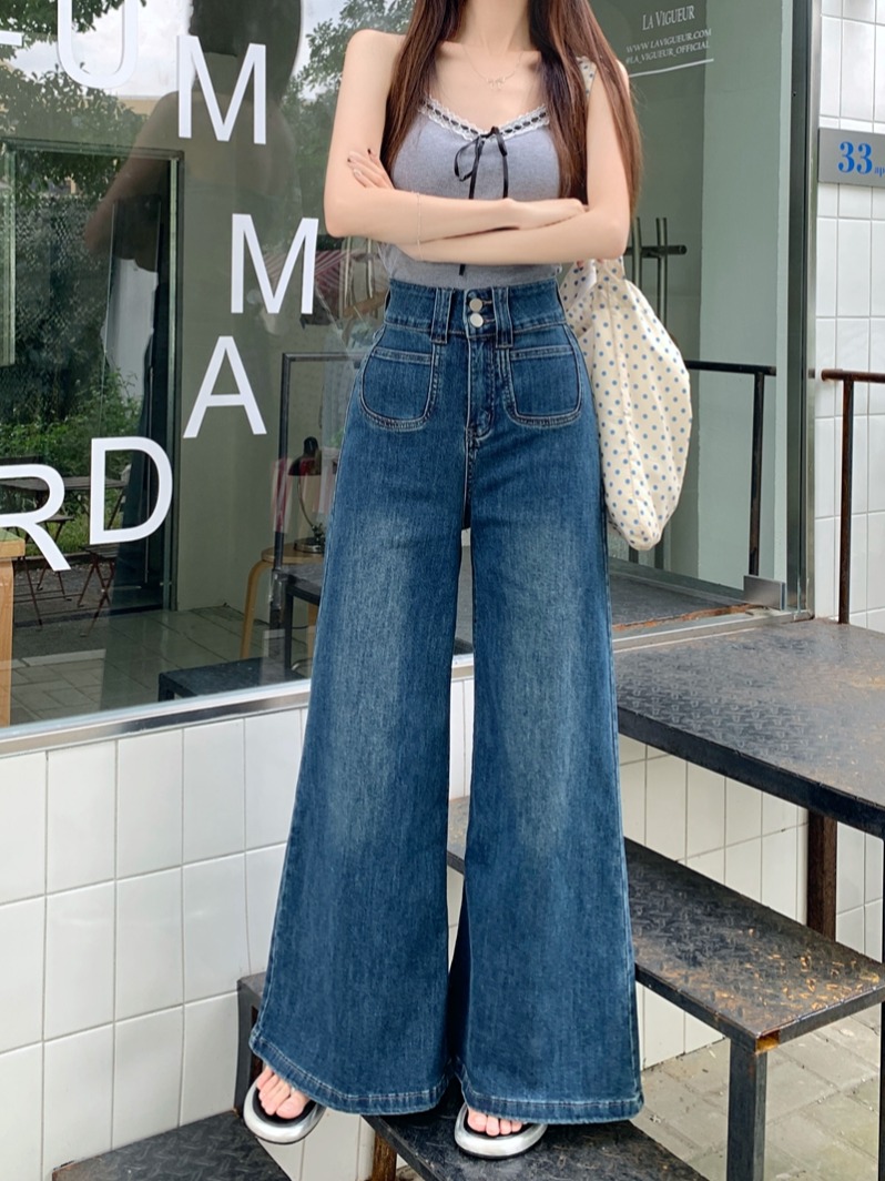Photographed #New High-Waisted Loose Denim Pants for Women with Large Leg Opening, Design-Savvy Loose Wide Leg Floor-Length Pants