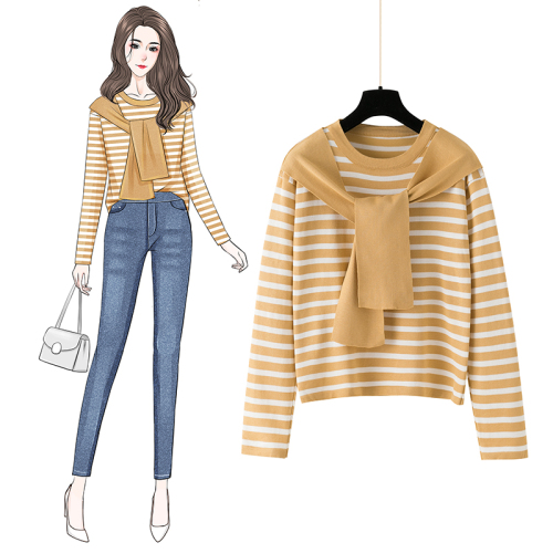 Real-life knitted top for women's thin summer Korean version new small fragrance style ice silk stripes tight long sleeve short style