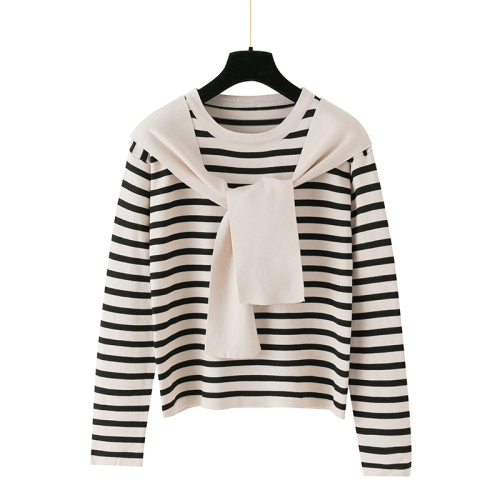 Real-life knitted top for women's thin summer Korean version new small fragrance style ice silk stripes tight long sleeve short style