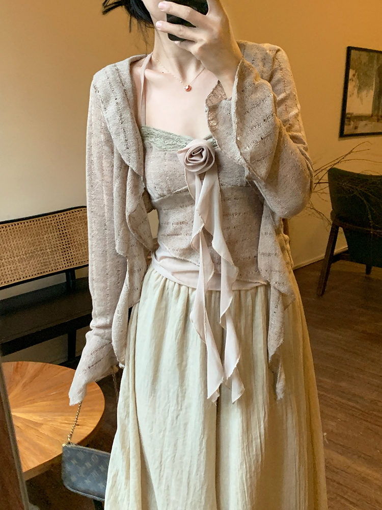 2024 Early Autumn Pure Desire New Women's Clothing Ruffled Cardigan + Designed Suspender Halter Top