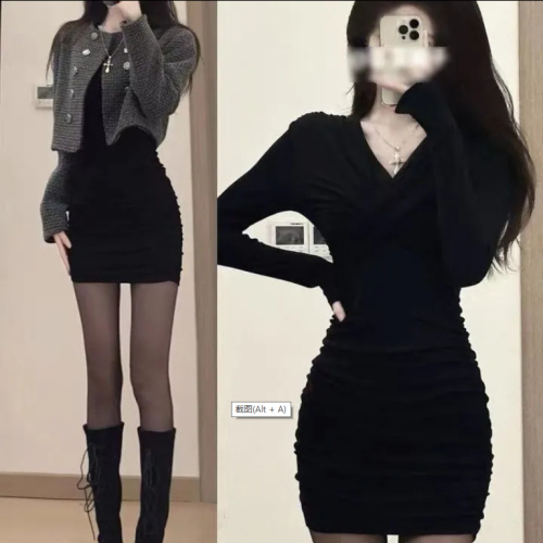 2024 New Little Black Dress Hot Girls Bottoming Dress Slimming Waist Slimming Single Wear Hip Covering Skirt