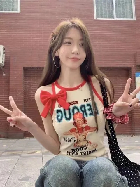 Sweet Hot Girl Contrast Color Bow Vest Women's Summer 2024 New Hot Girl Slim Fit Sleeveless Top