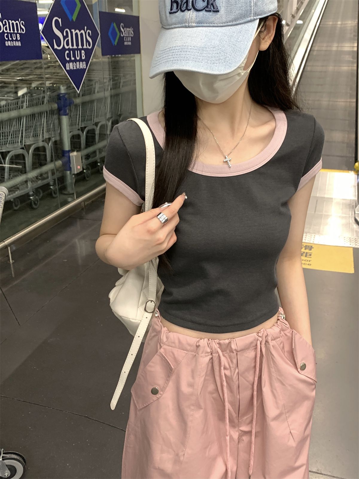 實拍 夏季韓版正肩方領撞色設計感修身百搭短袖T恤上衣女