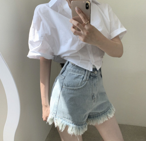 Versatile High Waisted Slim Casual Distressed Jeans Shorts Shaved Hem Women's Pants