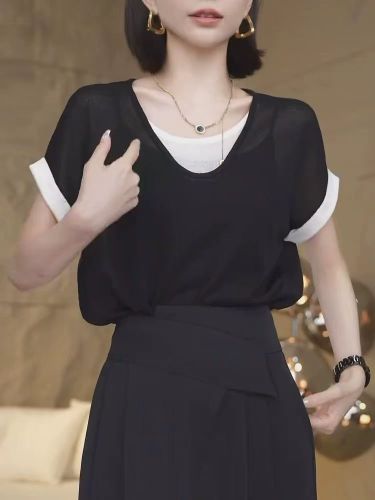 假两件v领针织短袖女夏季拼色t恤2024新款气质显瘦法式高级感上衣