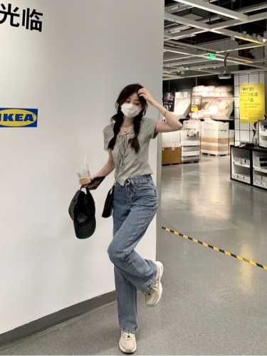 Actual shot~ Lace-up T-shirt for summer women's new design niche round neck suspender one-shoulder short top