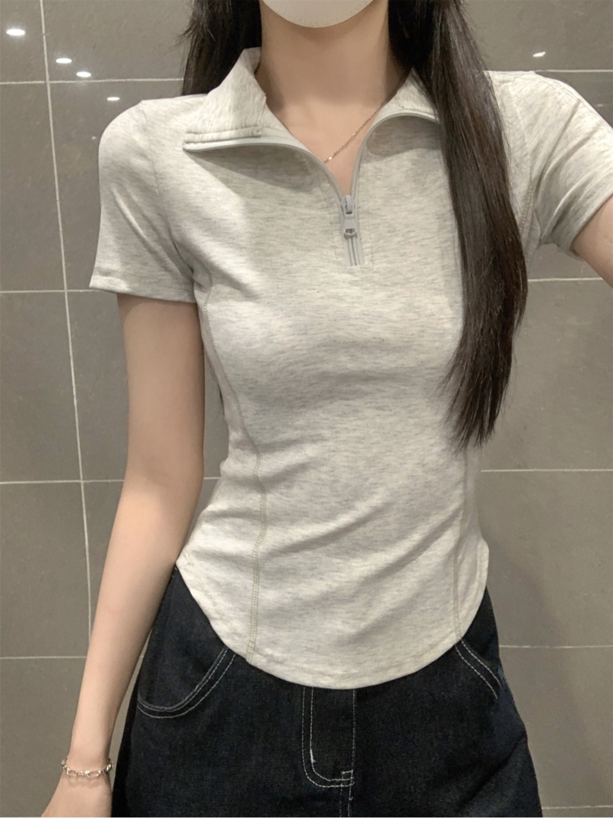Real shot Summer Korean style slim fit versatile polo collar zipper design fishbone cotton short-sleeved T-shirt top for women