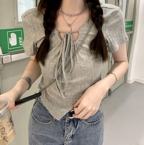 Actual shot~ Lace-up T-shirt for summer women's new design niche round neck suspender one-shoulder short top