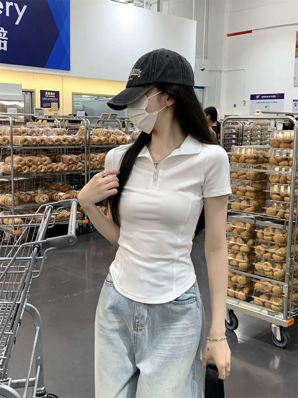 實拍 夏季韓版修身氣質polo拉鏈設計魚骨顯瘦純棉短袖T恤上衣
