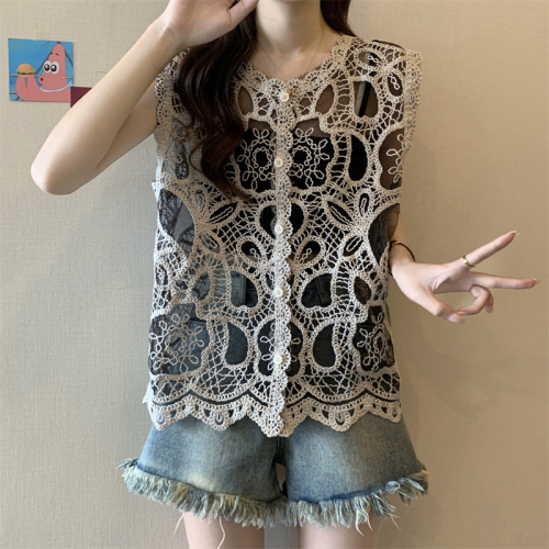 Actual shot of new style small fragrant knitted cardigan crocheted hollow lace vest jacquard contrast color sleeveless top for women