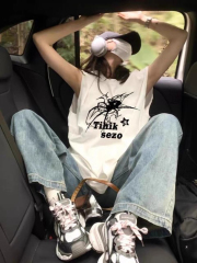 高質量純棉220克19支精梳緊密印花寬鬆大版無袖坎肩背心恤女