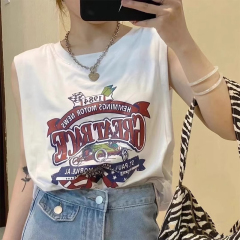 高質量純棉220克19支精梳緊密印花寬鬆大版無袖坎肩背心恤女