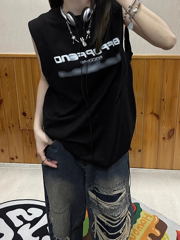 高質量純棉220克19支精梳緊密印花寬鬆大版無袖坎肩背心恤女