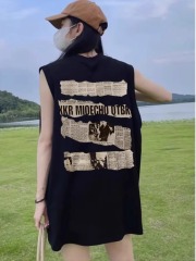 高質量純棉220克19支精梳緊密印花寬鬆大版無袖坎肩背心恤女