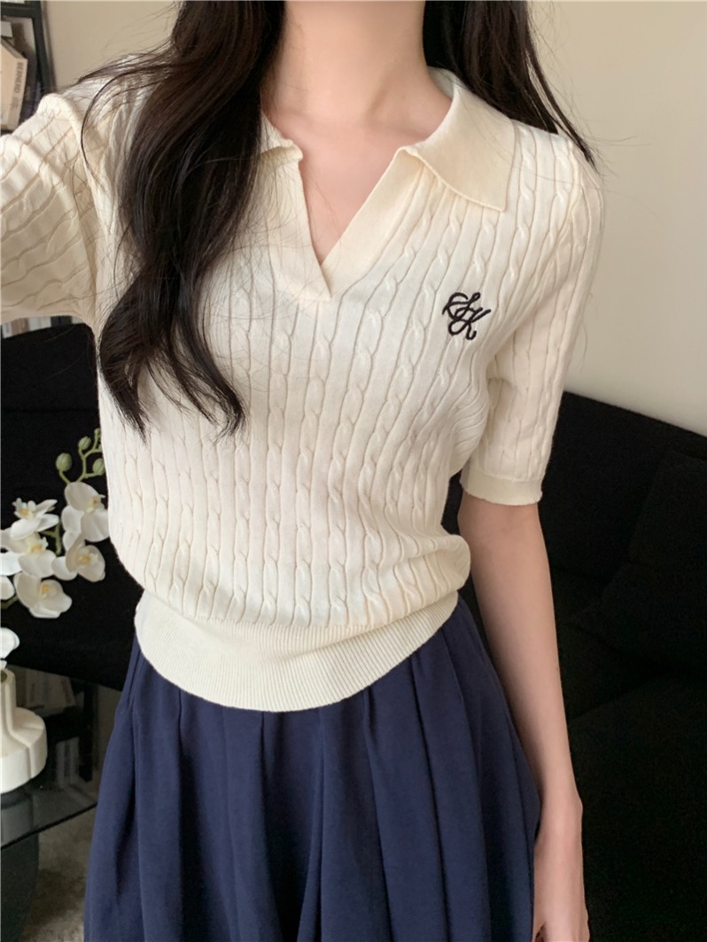 實拍 真 夏季短袖套頭針織衫女刺繡POLO領上衣