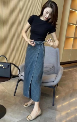 New style waist-tie slit denim design skirt